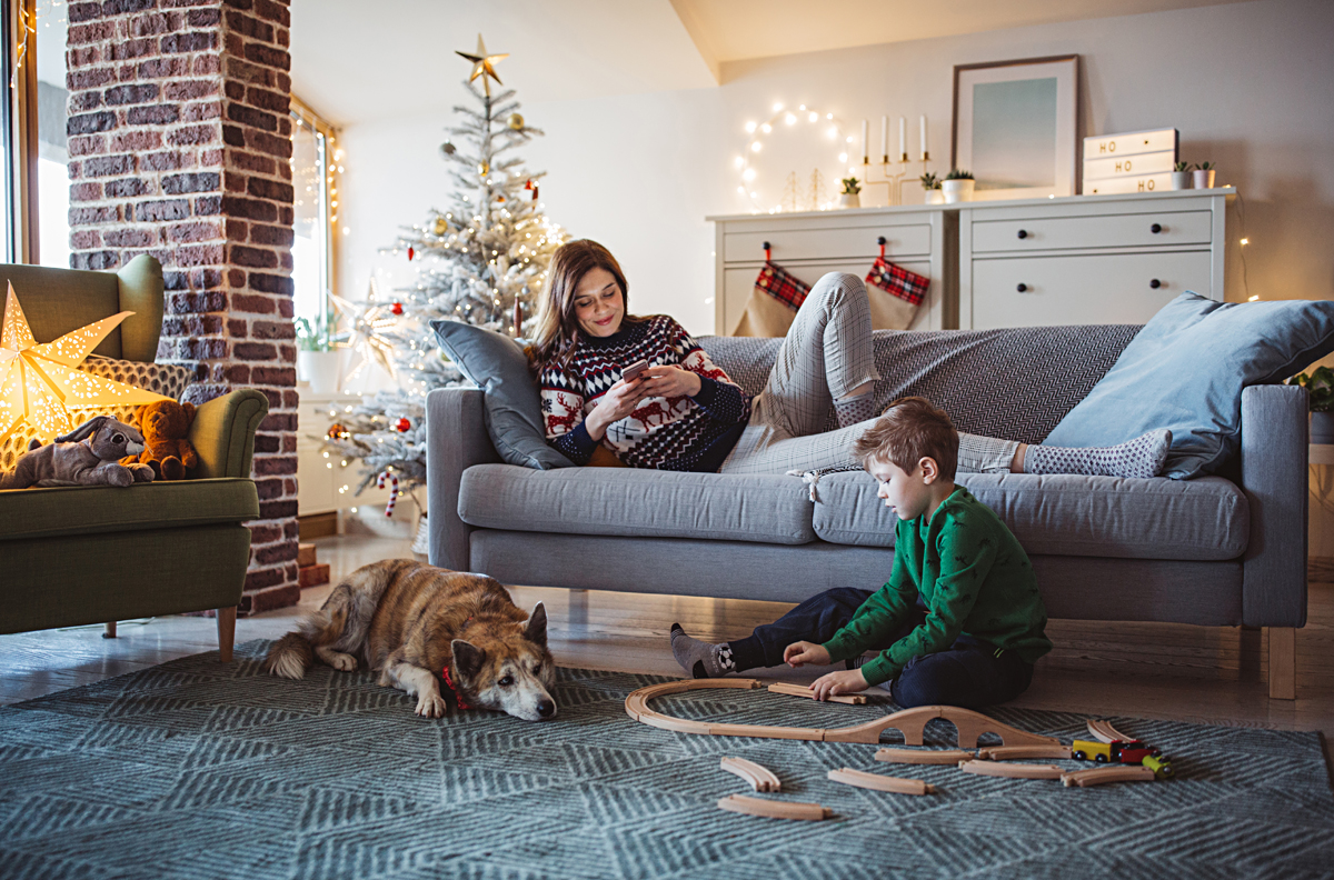 Mum, son and dog at Christmas